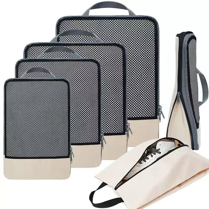 6 Set Lightweight Compression Packing Cubes with Packing List, Anti-Tearing Expandable Organizer Bags for Travel,(Beige) Beige