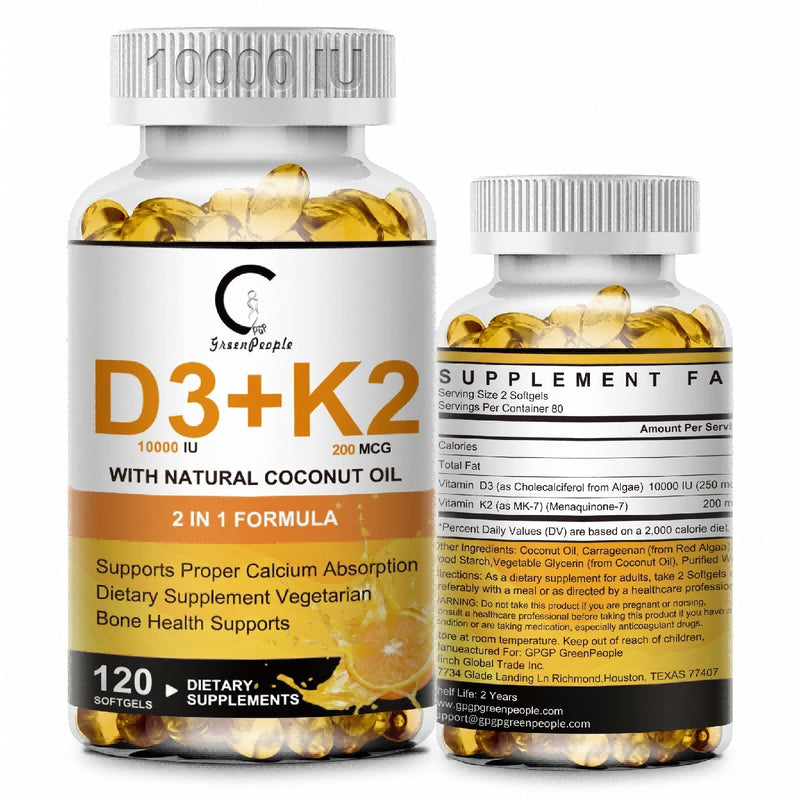Vitamin D3 K2 Supplement 10000 IU + K2 MK7 200mcg with Coconut Oil, 120ct | Plant-Based 2-in-1 Softgel Capsules for Enhanced Absorption. Supports Bone, Teeth, Muscle, and Immune Health Support 120 Count (Pack of 1)