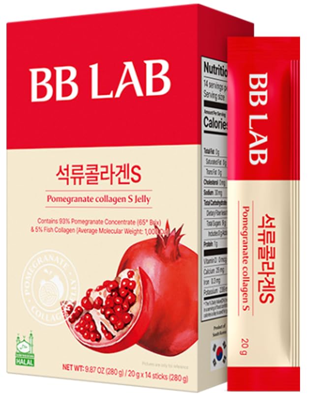 BB LAB Pomegranate Collagen S Jelly Halal, Pomegranate Collagen Sticks - Vitamin A & E for Skin Glow, Hair & Nails – Korean Beauty Jelly - 20g of 14 Sticks