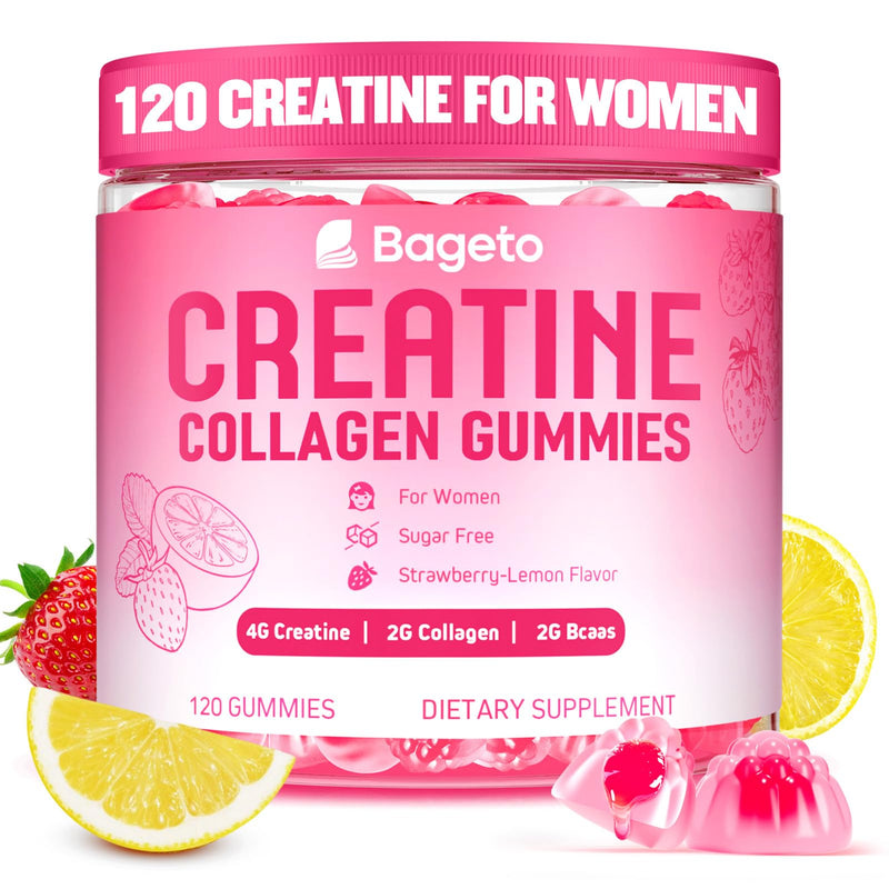 Creatine for Women + Collagen + BCAAs + Vitamin C & B12, 120 Sugar Free Creatine Gummies for Women, Creatine Monohydrate Gummies Pre Workout for Booty, Energy & Strength, Strawberry-Lemon Flavor