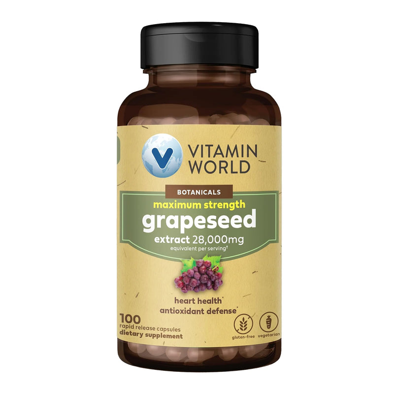 Vitamin World Grape Seed Extract, 95% Polyphenols, Vegetarian, 100 Servings | Supports Heart Health & Antioxidant Protection, Gluten-Free, 100 Rapid Release Capsules