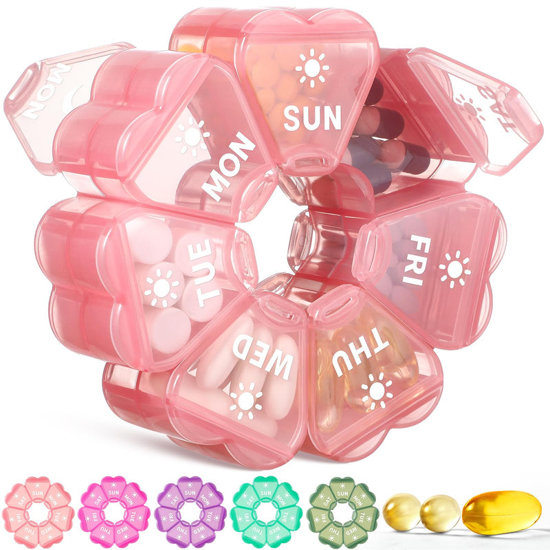 LANDNEOO Weekly Pill Organizer 2 Times a Day, Cute Double-Sided AM PM Pill Case 7 Day, Pink Travel Pill Box for Medication, Vitamins, Fish Oils, Supplements - Pink