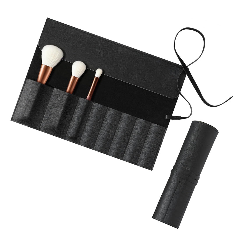 Kacctyen Black Leather Makeup Brush Roll, Full Grain Leather Organizer with 8 Brush Slots, Travel-friendly Cosmetic Tool Holder for Makeup Artists & Beauty Enthusiasts