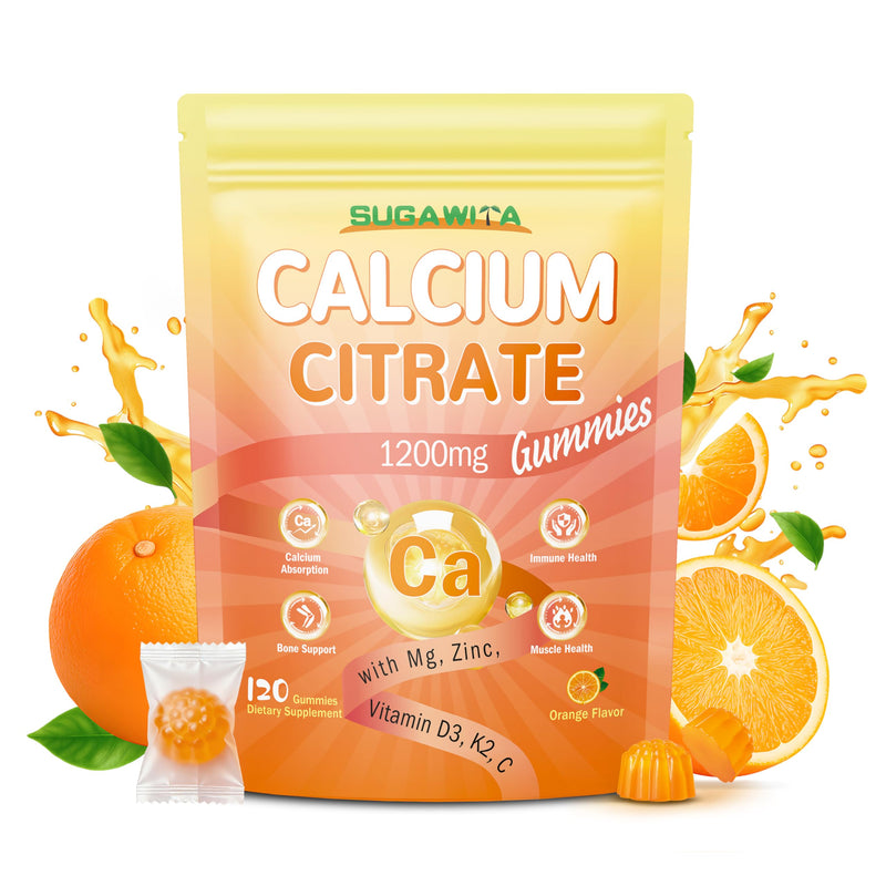 Calcium Citrate 1200mg with Vitamin D3 Gummies for Women & Men | Magnesium, Zinc, High Absorption Calcium Chewable, Bone Muscle Support, Sugar-Free, Orange Flavor, 120 Chews