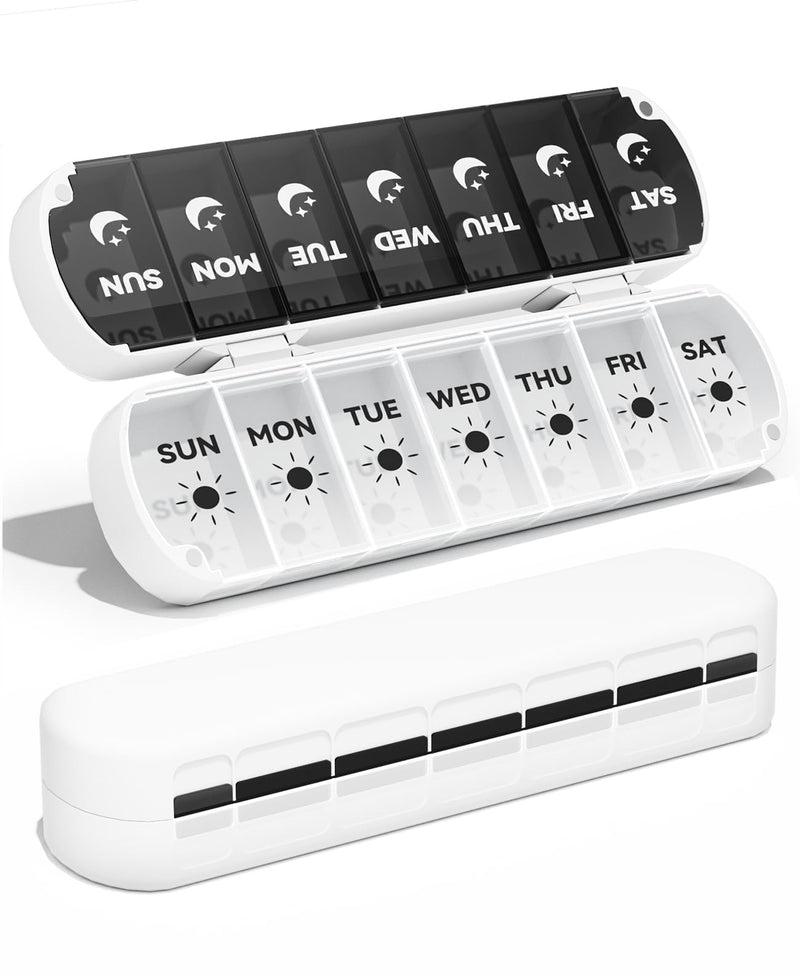 Weekly Pill Organizer 2 Times a Day, Moisture-Proof Pill Case，White | 7 Day Pill Box AM PM, Foldable Travel Medicine Organizer with Magnetic Closure for Vitamins, Supplements and Fish Oils White