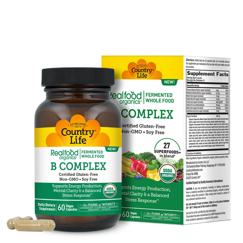 Country Life Realfood Organics B Complex, 60 Vegan Capsules | Fermented whole food formula with 8 B vitamins and 27 superfoods supports energy production and mental clarity