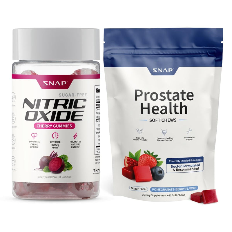 Snap Supplements Nitric Oxide Beet Root Gummies + Prostate Health Soft Chew | 60 Sugar Free Cherry Gummies + 60 Sugar-Free Pomegranate Berry Soft Chews, Beet Root Extract, Saw Palmetto for Men