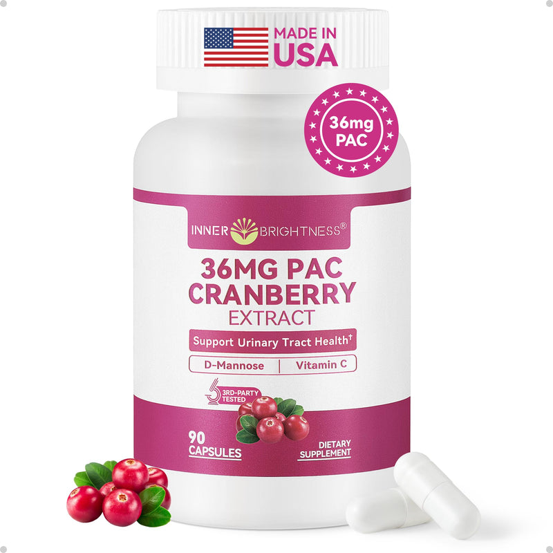 Cranberry Supplement 36 mg PAC with D-Mannose & Vitamin C, Cranberry Pills for Women, Cranberry Capsules, 3-in-1 Daily Urinary Tract Support, Soluble A-Type PACs, Vegan, Gluten-Free, 90 Capsules 90 Count (Pack of 1)