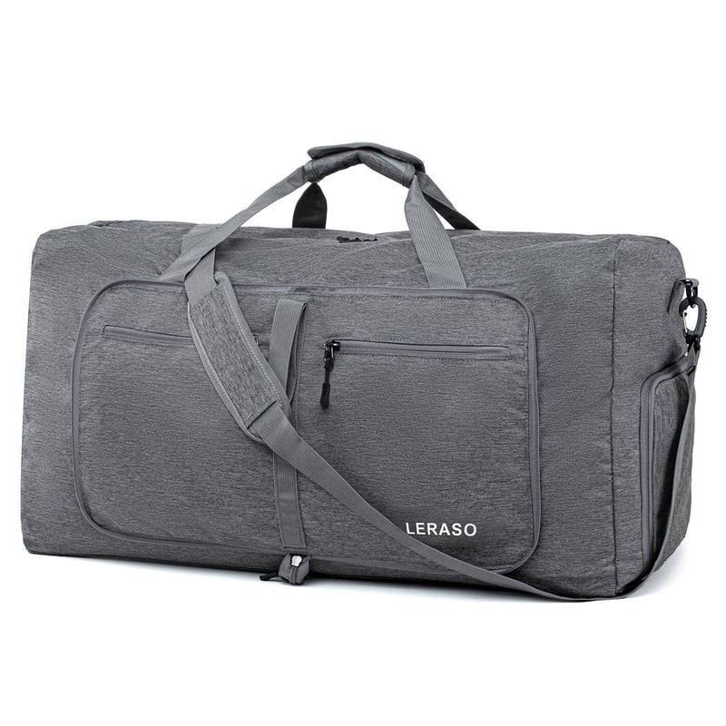65L Foldable Duffle Bag with Shoe Compartment - Large Travel Duffel Bag for Men & Women, Packable Weekend Bag with Trolley Sleeve, Water-Resistant & Lightweight Gym Bag for Travel, Sports（Grey） Grey