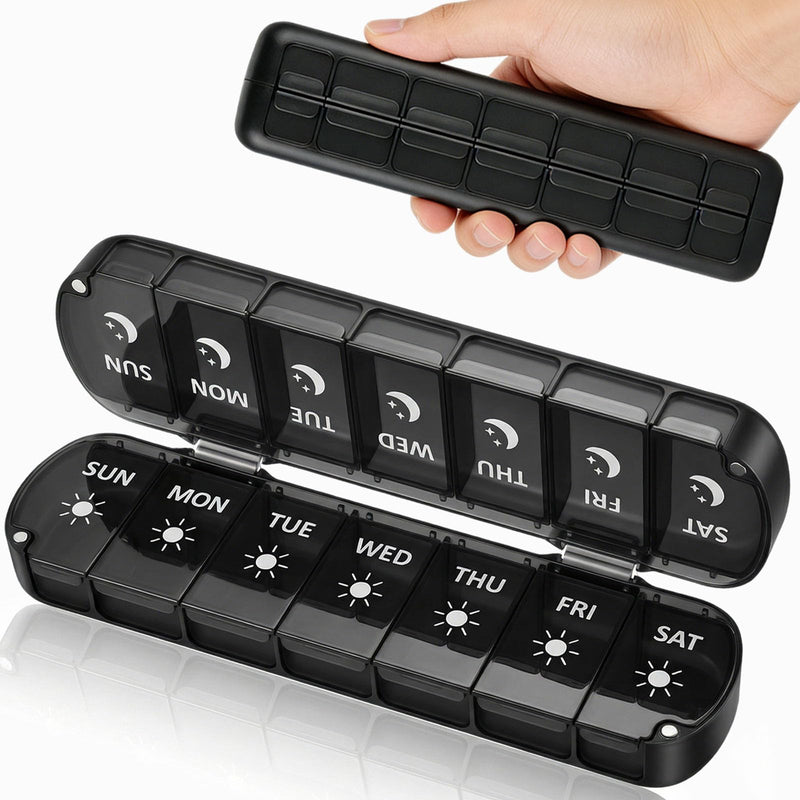 Weekly Pill Organizer 2 Times a Day, Magnetic Foldable AM PM Pill Box | Travel Medication Case, Dual Protection, Large Capacity, Can Hold Vitamins, Fish Oils, Supplements Black