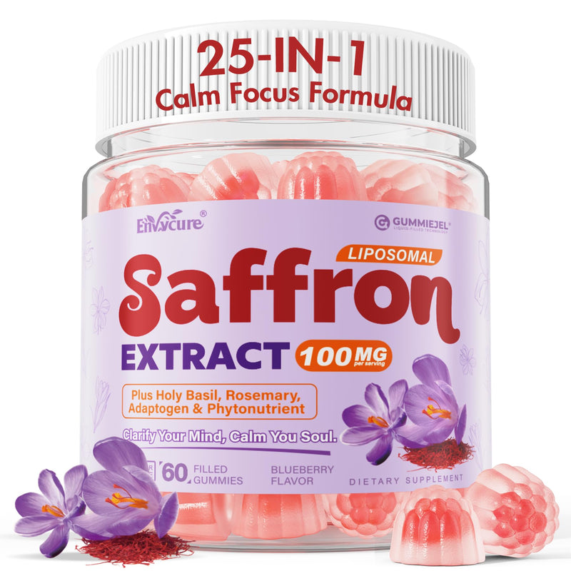 Liposomal Saffron Gummies 100mg with Magnesium Glycinate 200mg, 60 Servings | 25 IN 1 Saffron Extract Supplements w/ Ashwagandha, Rhodiola, L-Theanine, GABA & Rosemary for Calm Mood, Focus, Sugar Free 60 Count (Pack of 1)
