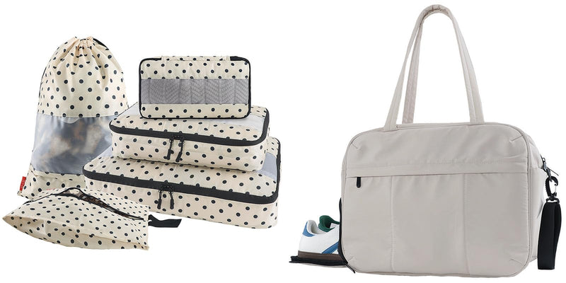 Travel Duffle Bag with Shoe Compartment and 5 Set Polka Dot Packing Cubes for Travel