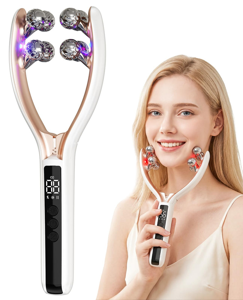 5 in 1 Face Massager, Face Roller Jaw & Tmj Massager for Lymphatic Drainage, Ice Roller for Face Sculpting Tool with Red Blue Light, Vibration, Heating for Home & Travel Use