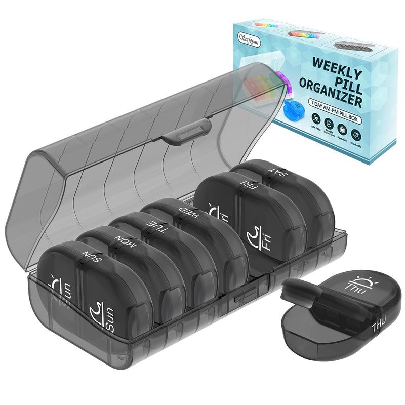 Serfeymi Weekly Pill Organizer 2 Times a Day AM PM Travel Pill Box 7 Day | Medicine Pill Organizer with Protection Pill Case Daily Medication Box for Vitamins,Supplement- Black Case + Black Pill Box C-black+black