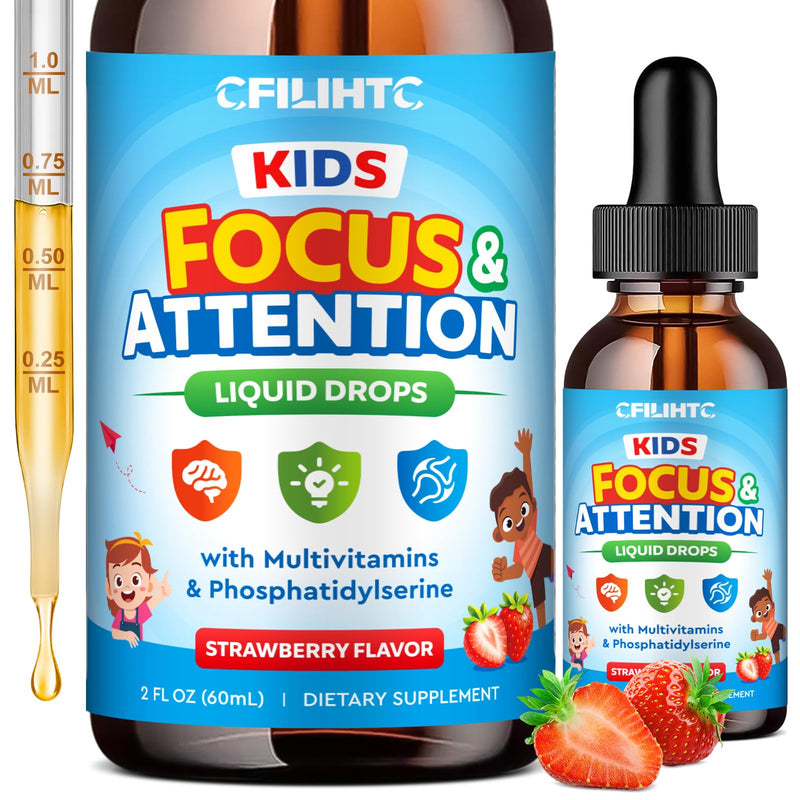 Kids Focus and Attention Supplements with Phosphatidylserine, Omega-3, Magnesium Glycinate & L-Theanine, Brain Vitamins Liquid Drops for Kids Memory, Cognitive, Sleep, Calm & Mood, Strawberry, 2 Fl Oz 2 Fl Oz (Pack of 1)