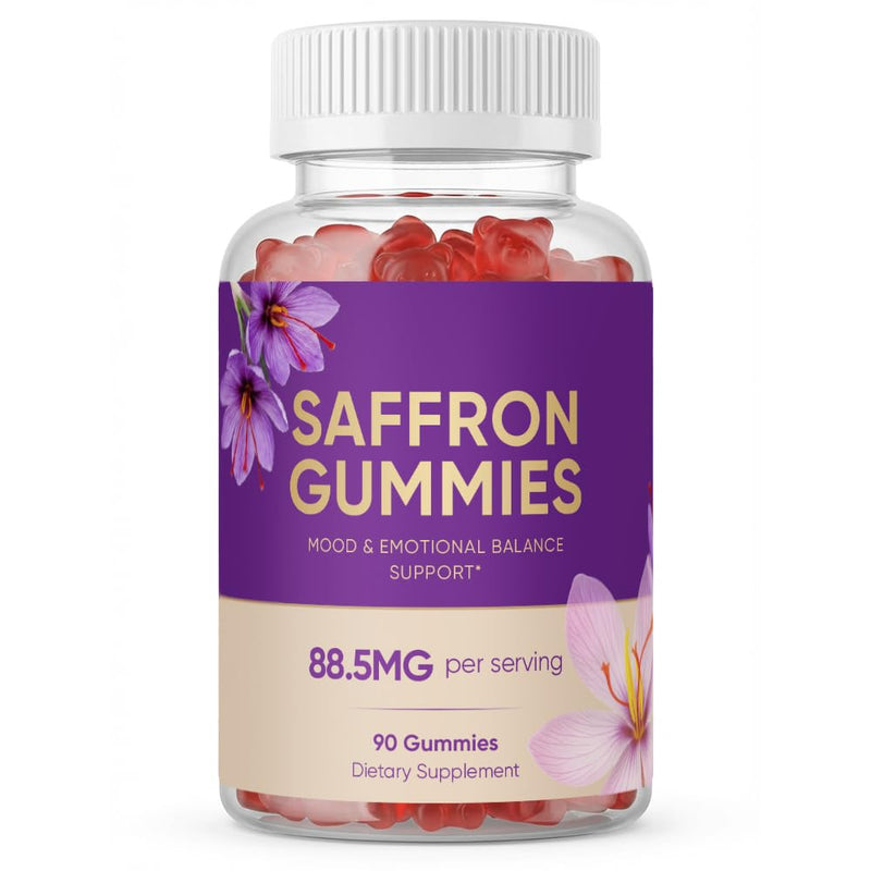 Saffron Gummies – Strawberry Flavor with 88.5mg Premium Saffron Extract Per Serving, Vitamin B6, GABA & Passion Flower, Supports Positive Mood & Focus, Better Sleep Routine, 90 Gummies