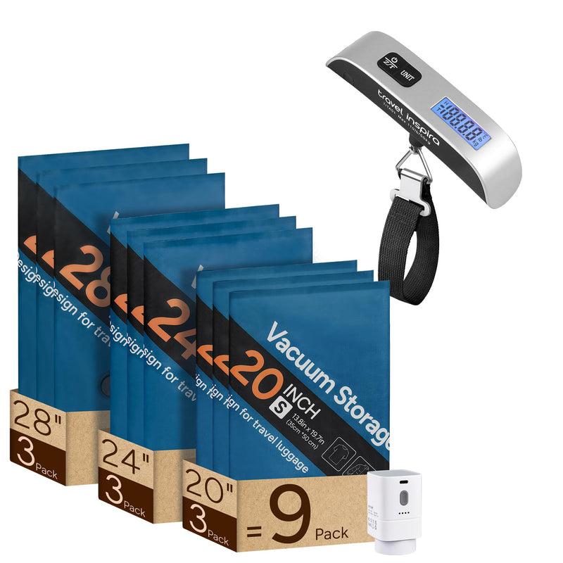 travel inspira Travel Essentials Kit: Luggage Scale + Oxofrd 9 Pack Vacuum Storage Bags