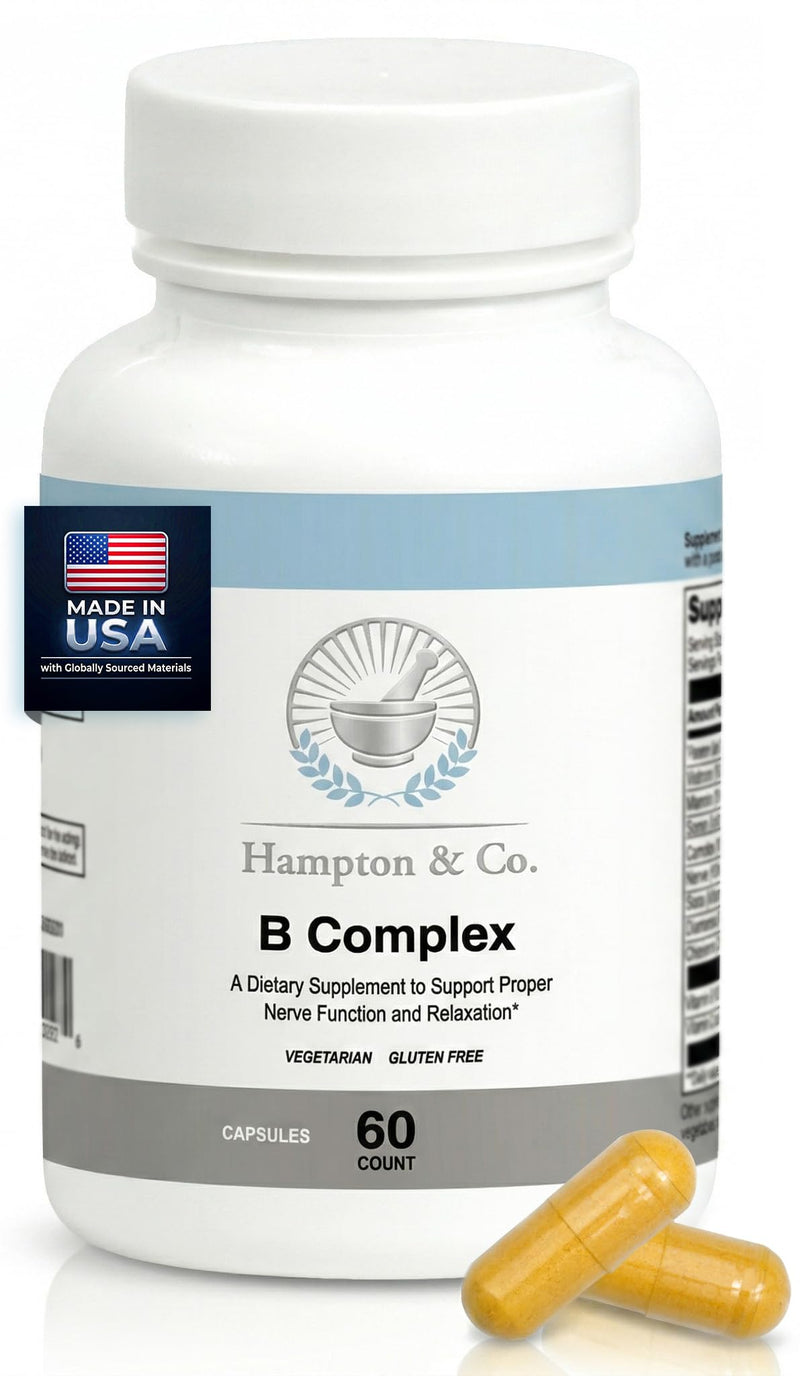 Hampton Distribution B-Complex for Stress & Nerve Support – Calming Vitamin Blend with B12, B6, Niacin & Biotin – Supports Relaxation & Neurological Health – 60 Vegetarian, Gluten-Free Capsules 1 Count (Pack of 1)