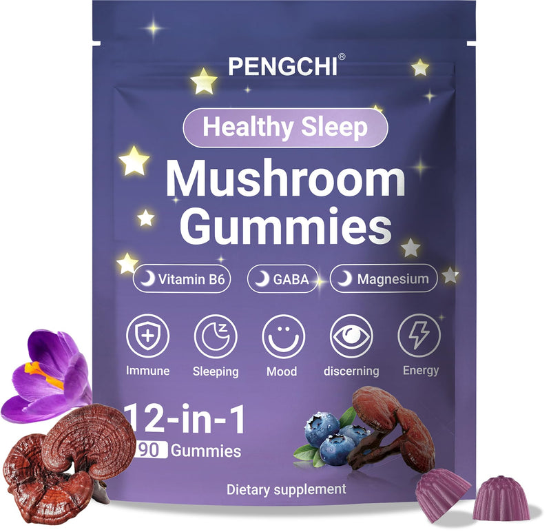 PENGCHI Mushroom Sleep Gummies - for Adult | Reishi, Saffron, Vitamin B6, Magnesium, Passionflower, GABA & Chamomile - Calm & Relaxation Support, Restful Sleep & Nighttime Routine, 90 Counts