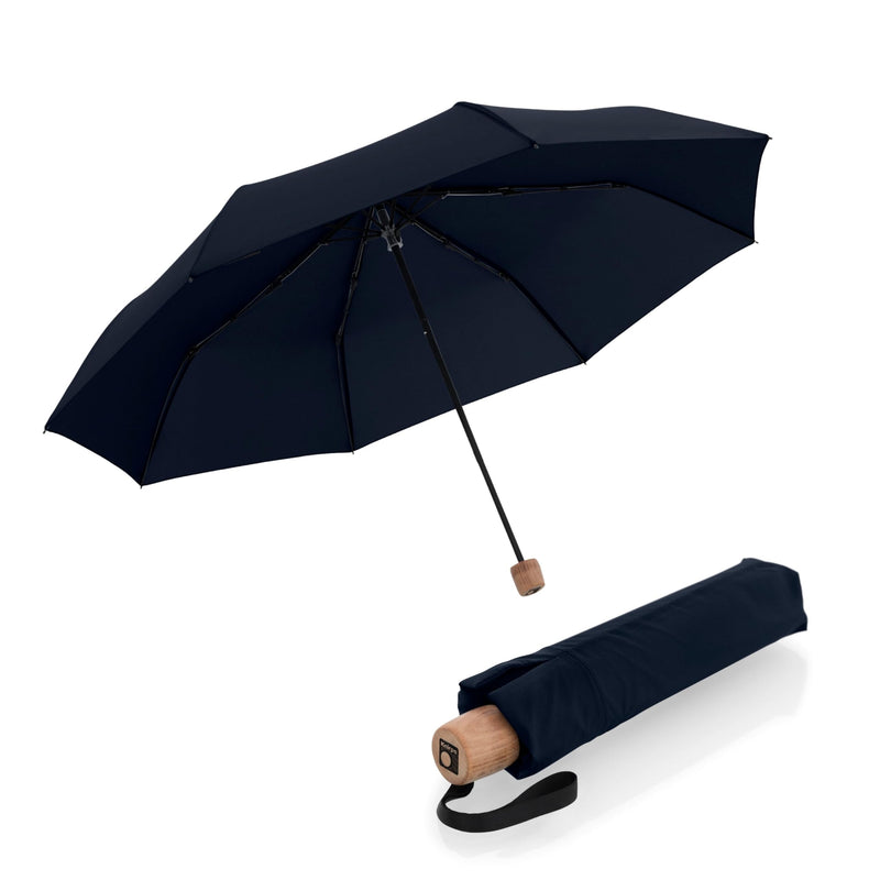 Knirps TIMBER Manual Umbrella - Compact Folding Rain Protection with German Beechwood Handle, Wind Tunnel Tested Frame, Portable Travel Design Navy