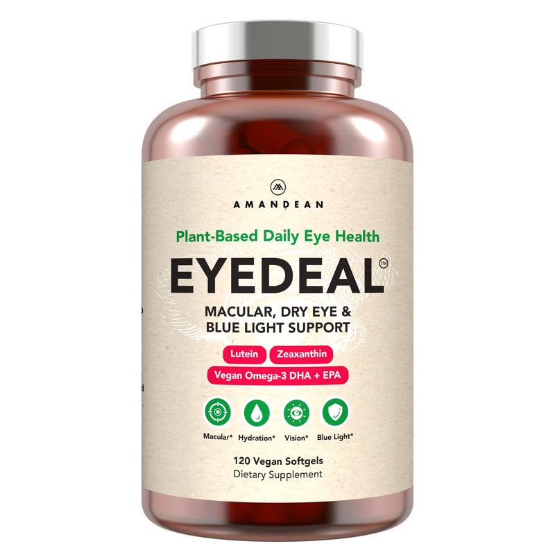 AMANDEAN EYEDEAL Lutein & Zeaxanthin + Vegan Omega-3 Eye Vitamins, 120ct | Lutein and zeaxanthin supplement, 10mg + 2mg from marigold, plus algal DHA & EPA; vegan; vision