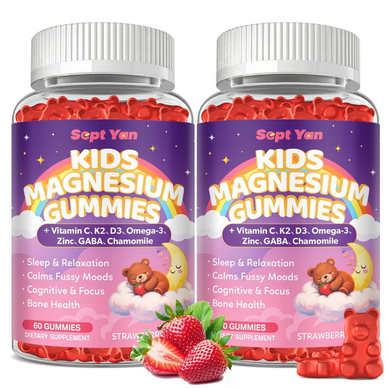 Magnesium Calming Gummies for Kids & Adults, Magnesium Complex with L-Theanine, Vitamin C, K2, D3, Omega-3, GABA, Chamomile for Sleep, Stress Relief, Muscle,Calm & Relaxation,Strawberry Flavor,120Ct Strawberry 120 Count (Pack of 1)