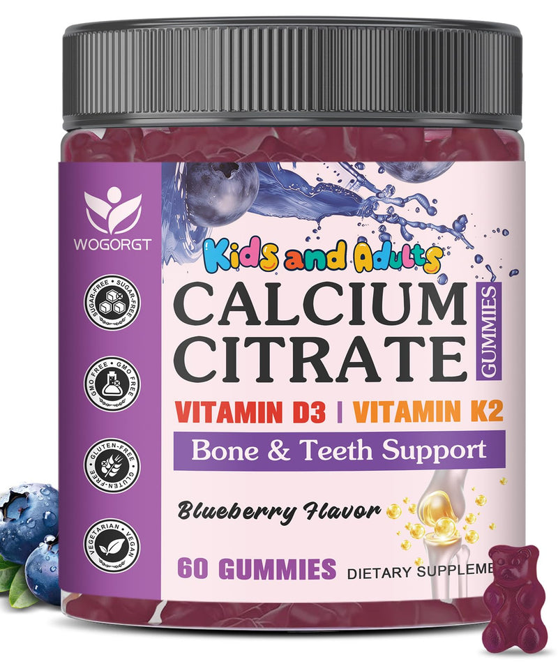 Calcium Citrate Gummies with Vitamin D3 for Kids & Adults, Sugar Free, 60Ct | WOGORGT - Kids Calcium Citrate 600mg Gummies Supplement with Vitamin D3, K2, Bone & Immune Support, Vegan, Blueberry Flavor 60 Count (Pack of 1)