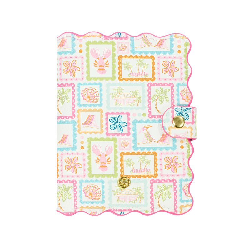 Mary Square Passport Cover - Happy Place Tropical Stamp Print Scalloped Vegan Leather Travel Wallet with Snap Closure and Card Slots - 4 x 5.5 Passport Holder for Women with Gold Hardware Happy Place Pink