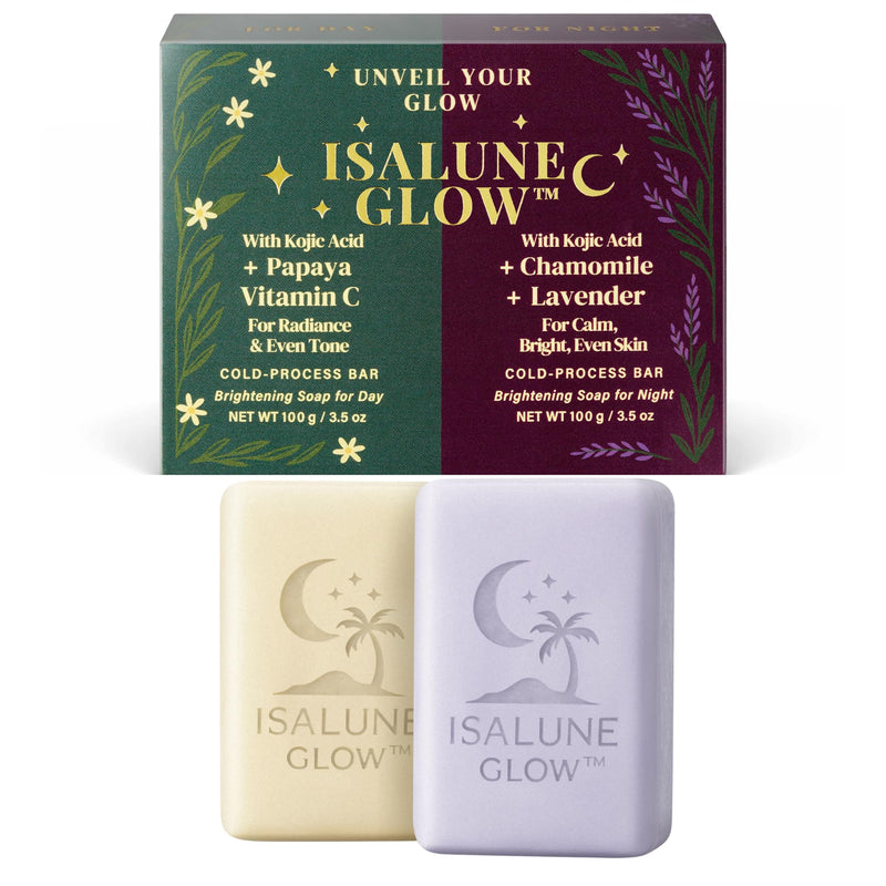 Kojic Acid Day & Night Facial & Body Soap Set, Cold Process Cleansing Bars with Vitamin C, Papaya, Lavender, Chamomile & Activated Charcoal, 2 Bars