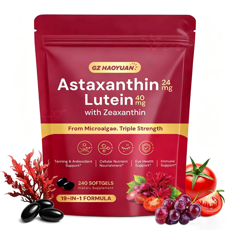 19 in 1 Astaxanthin 24mg, 8 Month Supply, Astaxanthin Supplements Sourced from Fresh Microalgae with Lycopene, Grape Seed, Vitamin E, Supports Eye, Immune, Skin Health, Antioxidant - 240 Capsules