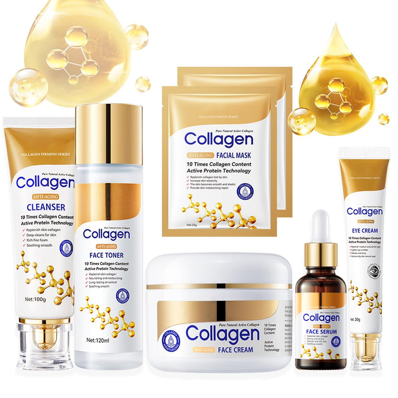 Collagen Anti-Aging Skincare Set, 7 Piece Kit with Cleanser, Toner, Serum, Face Cream, Eye Cream, Facial Mask, Firming and Moisturizing