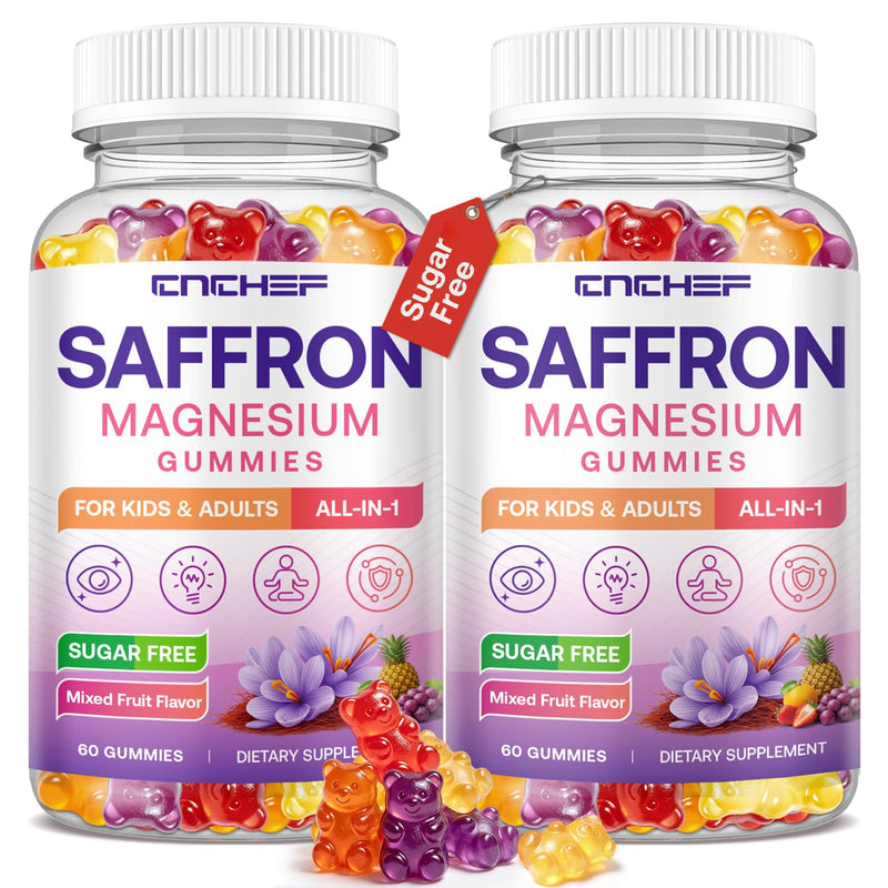 Saffron Gummies Kids & Adults, Mixed Fruit Flavor Sugar Free, Saffron Magnesium Supplements with 88.5mg Saffron Extract, B6, D3, Lutein, Omega-3, Brain, Focus, Calm & Vision Support, Vegan, 120 Counts 60 Count (Pack of 2)