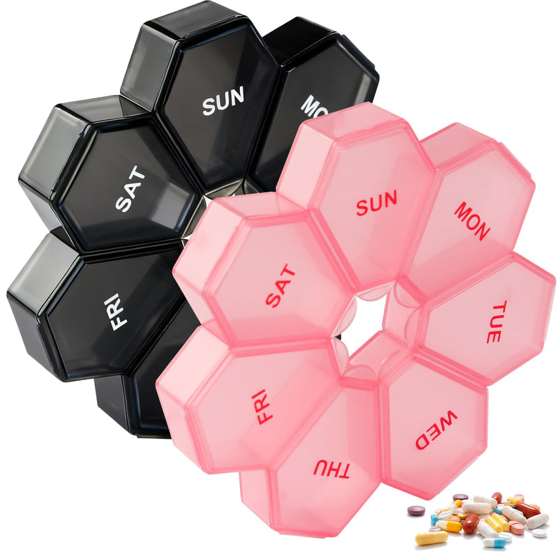 [2Pack] 7-Day Weekly Pill Organizer,Daily Vitamin Pill Case,Travel Pill Box | [Pink&Black] [Portable Medication Management Pill Box for Home Travel Purse Pocket] Pink&black