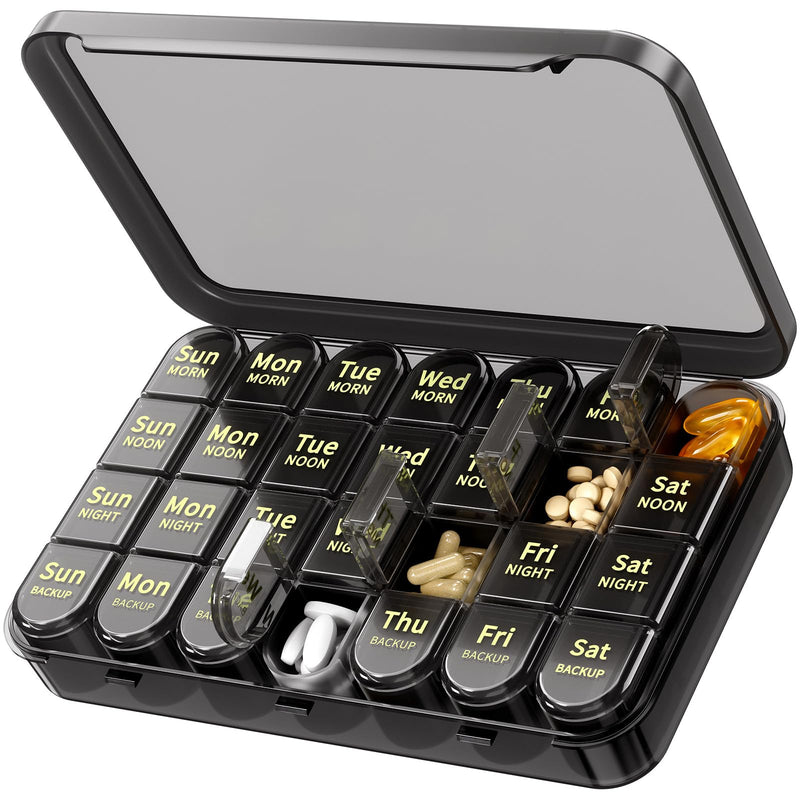 Daviky Pill Organizer 4 Times a Day - Easy-Open Travel Pill Box | Large Weekly Medicine Pill Organizer、Ultimate Durability — 6+7 Years、Travel Pill Box with Big Compartments Black