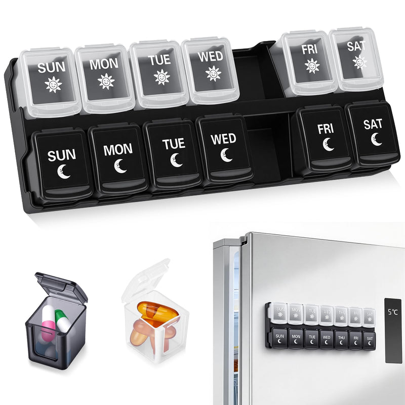 Weekly Pill Organizer 2 Times a Day,Magnetic Pill Case for Fridge-Black | 7-Day AM/PM Medicine Planner with 14 Detachable Compartments, Easy Open for Big Vitamins, Supplements, Medication Black+white