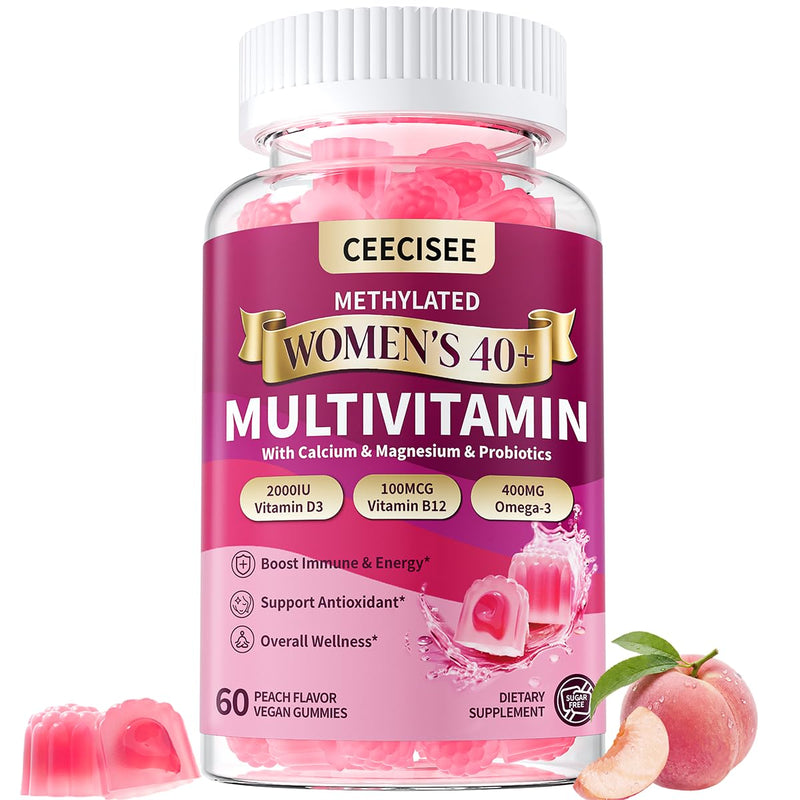 Womens Multivitamin 40 Plus Gummies: Methylated Multivitamins | Daily Multi Vitamin A C E D3 K2 B Complex Biotin Calcium Magnesium Zinc Folate Omega 3 Probiotic - Sugar Free Vegan 60 Count Peach 60 Count (Pack of 1)