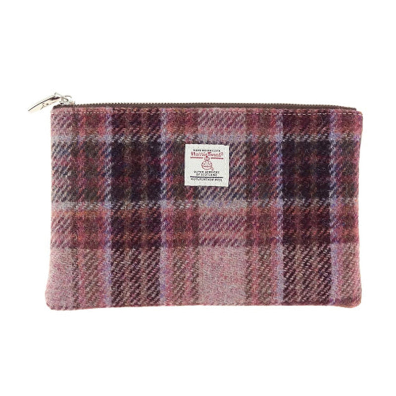 Glen Appin Harris Tweed 'Berneray' Medium Zip Pouch in Pink/Burgundy Check