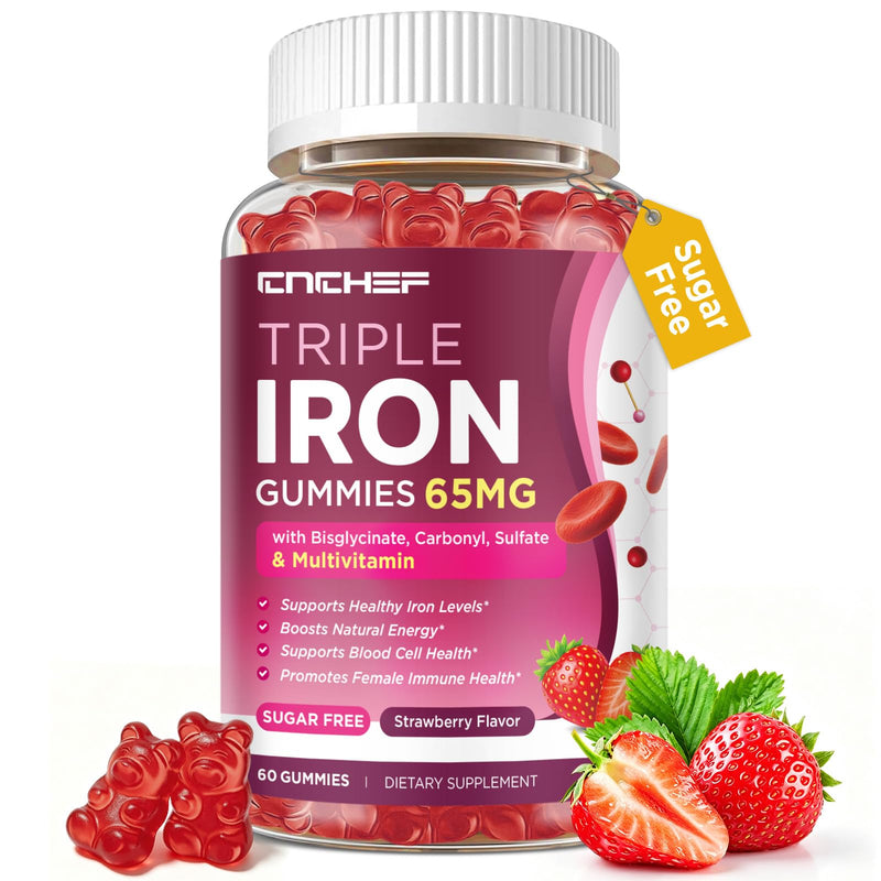 65mg Iron Gummies with Multivitamin, Iron Supplement for Women & Men with Calcium, Folate for Adults, Energy & Immune Health Support for Iron Deficiency, Sugar-Free, Strawberry Flavor, 60 Count 60 Count (Pack of 1)