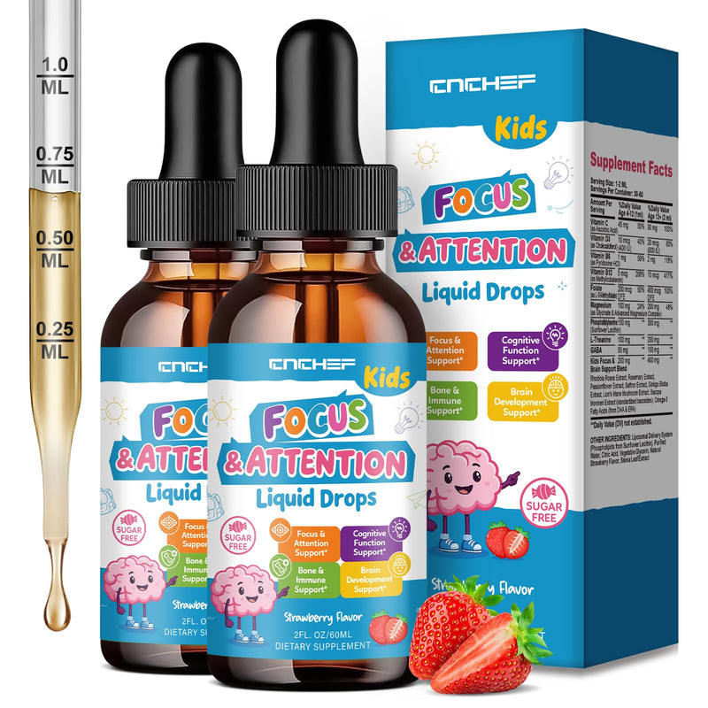 Kids Focus and Attention Supplements with Phosphatidylserine, L-Theanine, Omega-3, Ginkgo Biloba, Kids Multivitamin Liquid Drops, Supports Cognitive, Memory, Calm & Mood, Strawberry, 4 Fl Oz 2 Fl Oz (Pack of 2)