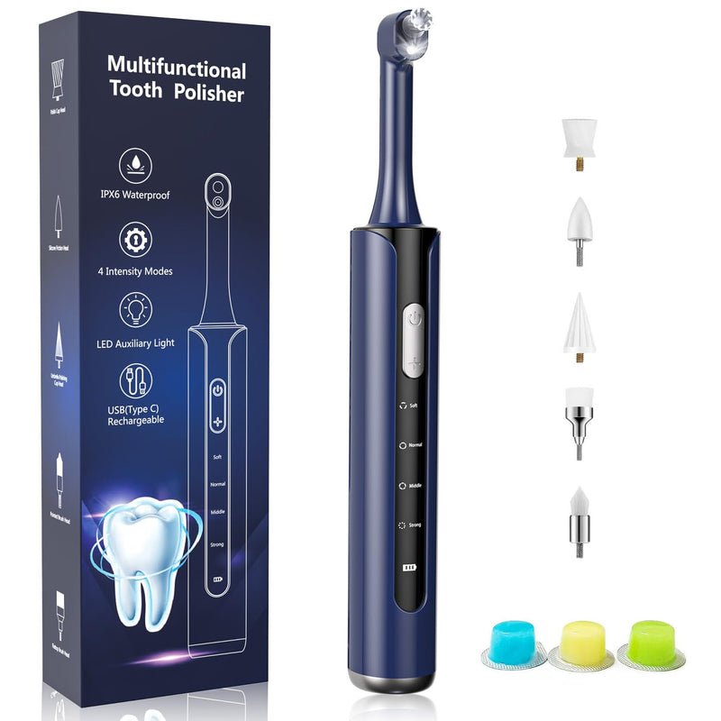 Dental Tooth Polisher for Teeth Cleaning, Teeth Polishing Kit with 5 Replaceable Heads, 4 Modes, LED Light, USB-C Rechargeable Plaque Remover for Teeth, IPX6 Waterproof Oral Care Tool for Braces