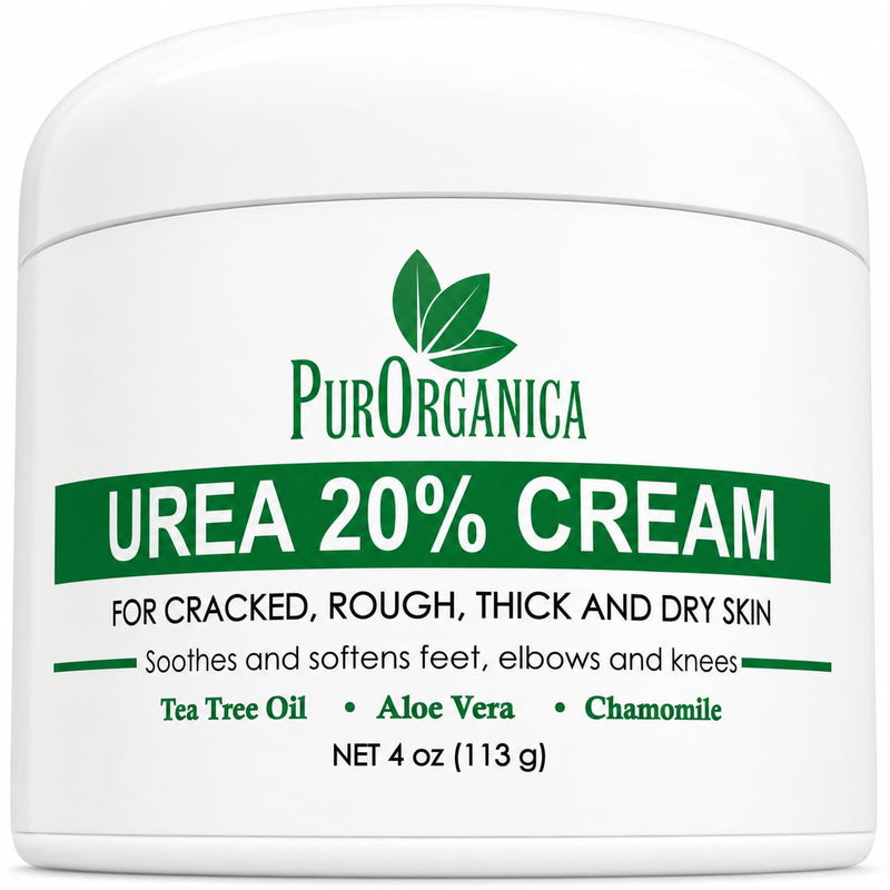 PurOrganica Urea Cream 20% – Made in USA, Maximum Strength Foot Cream for Dry, Cracked Heels, Corns, Calluses & Rough Feet, Exfoliating Moisturizer 4 Ounce (Pack of 1)