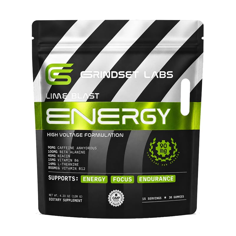 Caffeine Energy Gummies – 90mg Caffeine for Focus & Endurance | Lime Blast, 30 Count, 90mg Caffeine, L-Theanine, Beta-Alanine, Vitamins B6 & B12, Vegan, Non-GMO