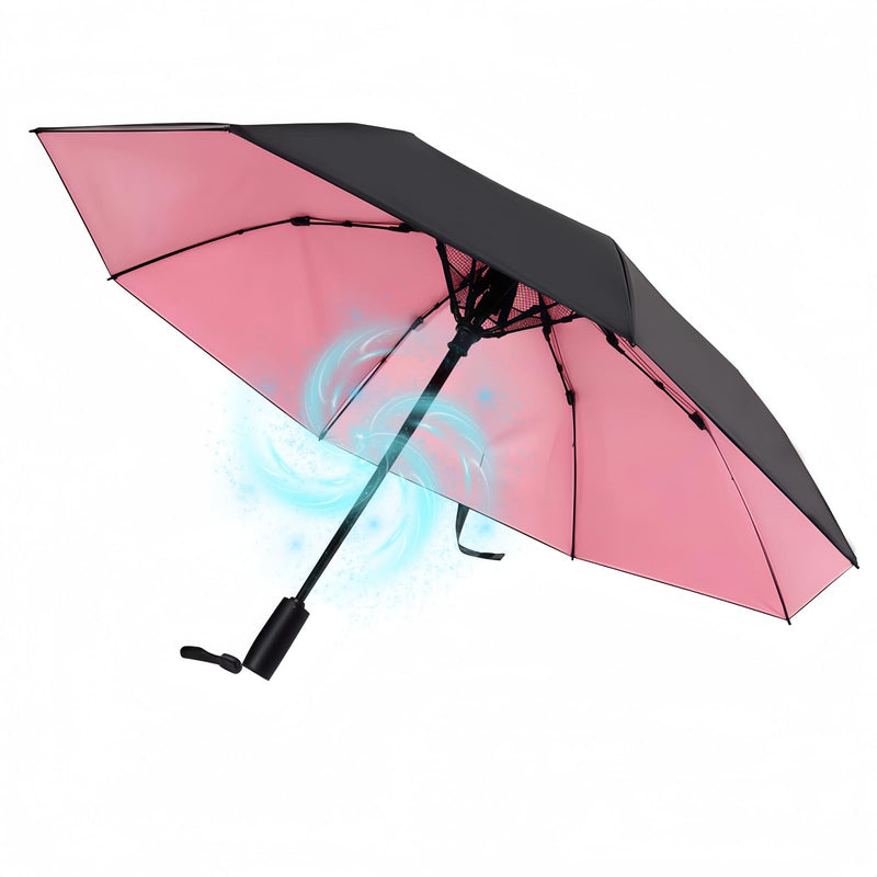 Sun Folding Umbrella with Built-in Fan, UPF 50+ Umbrella | USB Rechargeable, Portable UV Blocking Fan Umbrella for Rain, Hot Days, Beach and Sports pink