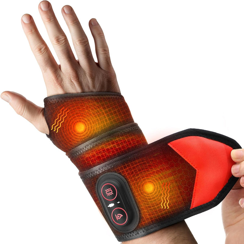 Cordless Wrist Hand Heating Pad Massage for Pain Relief, Rechargeable Heated Wrist Brace for Carpal Tunnel, Red Light Therapy Heated Wrist Massager Wrap for Arthritis, Black