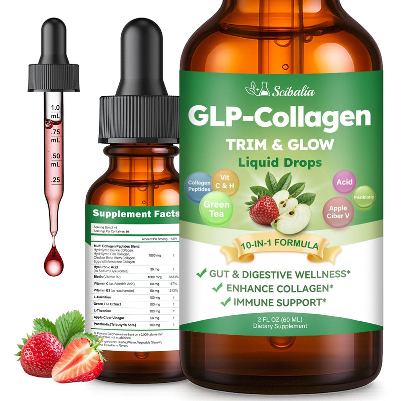 10-in-1 Liquid Collagen for Women, GLP Friendly Multi Collagen | Trim & Glow Hydrolyzed Collagen Burn Drops w. Hyaluronic Acid Biotin Green Tea & ACV, Digestive Gut Skin Health & Hair Growth Strawberry 2 Fl Oz (Pack of 1)