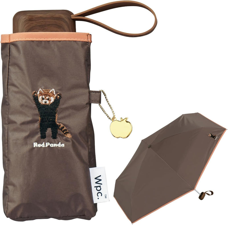 Wpc. Compact UV Protection Umbrella, Red Panda Embroidery Mini Folding Umbrella, Brown Sun & Rain Parasol, 100% UV Block UPF50+, Lightweight Travel Umbrella