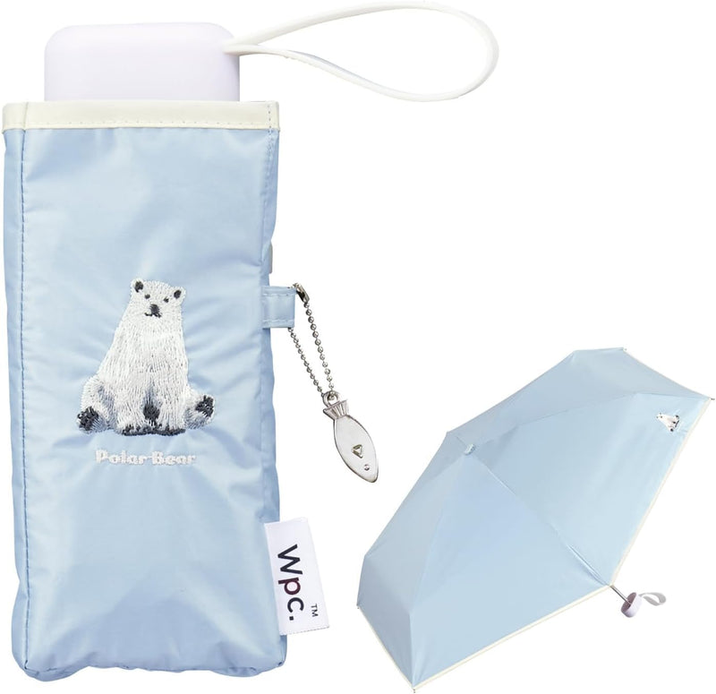 Wpc. Compact UV Protection Umbrella, Polar Bear Embroidery Mini Folding Umbrella, Light Blue Sun & Rain Parasol, 100% UV Block UPF50+, Lightweight Travel Umbrella