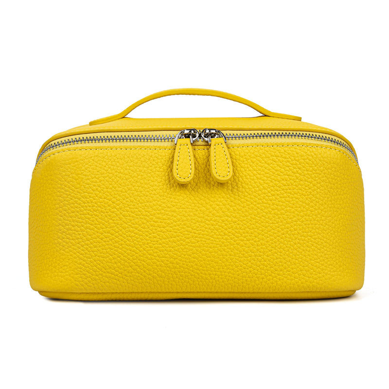 DORIS&JACKY Premium Leather Cosmetic Bag, Large Capacity Travel Makeup Case and Multi PocketsToiletry Storage Organizer with Divider and Tote Handle (4-Yellow) 4-Yellow