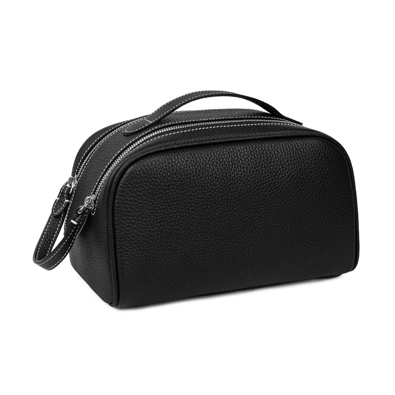 DORIS&JACKY Genuine Leather Toiletry Bag for Women and Men, Large Travel Handmade Makeup Case and Cosmetic Accessories Organizer Zipper Pouch with Carry Handle (1-Black) 1-Black