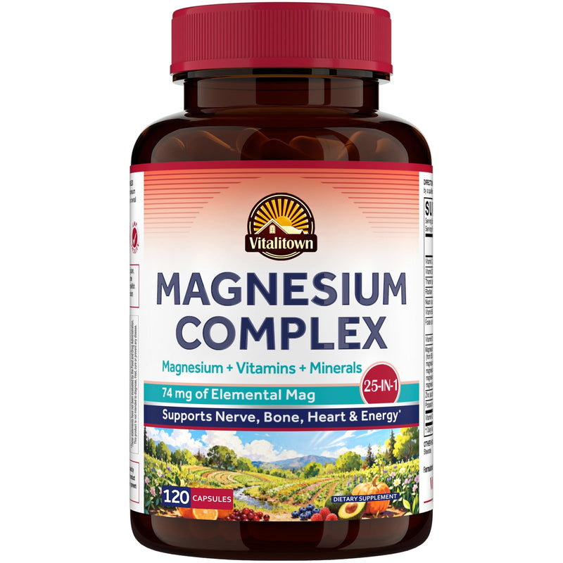 Vitalitown 25-in-1 Magnesium Complex, 74mg, Magnesium Glycinate, Malate, Taurate, Vitamin C, D3, K2, B Complex, Gentle & High Absorption, Non-GMO, 120 Capsules 120 Count (Pack of 1)